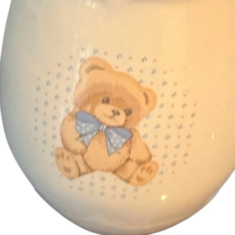 Tienshan‎ Stoneware Teddy Bear Canister Jar with Lid Blue Bow Cream Vintage 6.5